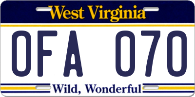 WV license plate OFA070