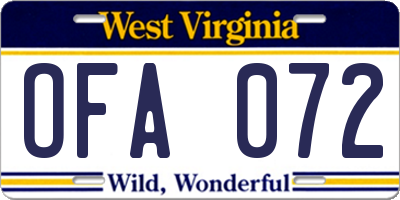 WV license plate OFA072