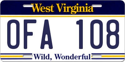 WV license plate OFA108