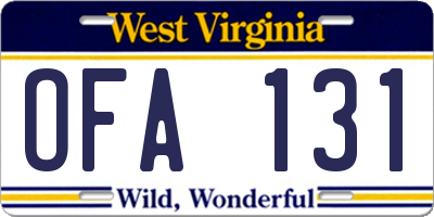 WV license plate OFA131