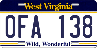 WV license plate OFA138