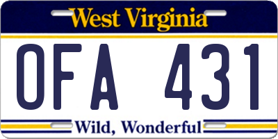 WV license plate OFA431