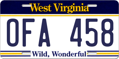 WV license plate OFA458