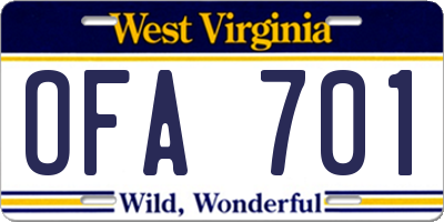 WV license plate OFA701