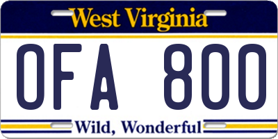 WV license plate OFA800