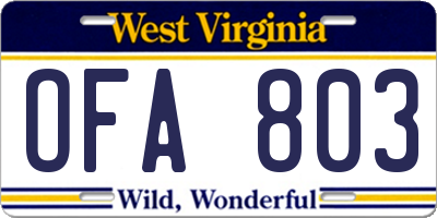 WV license plate OFA803