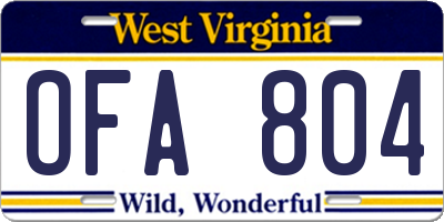WV license plate OFA804