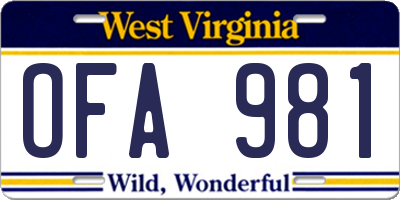 WV license plate OFA981