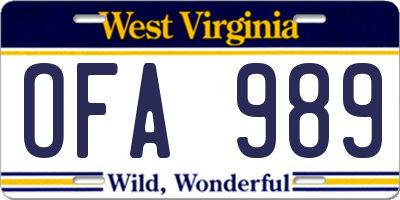 WV license plate OFA989