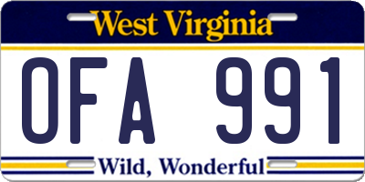 WV license plate OFA991