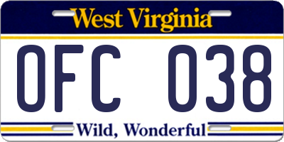WV license plate OFC038