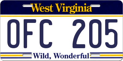 WV license plate OFC205