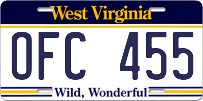 WV license plate OFC455