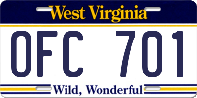 WV license plate OFC701