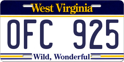 WV license plate OFC925