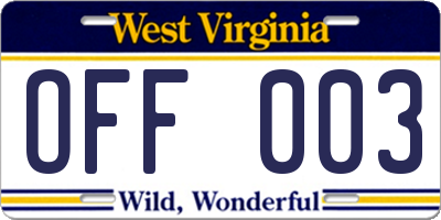 WV license plate OFF003