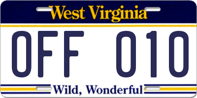 WV license plate OFF010