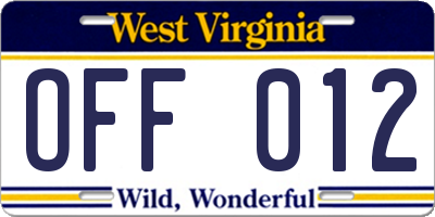 WV license plate OFF012