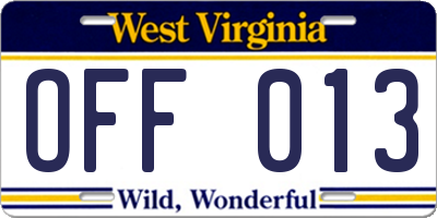 WV license plate OFF013