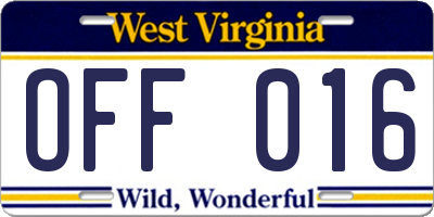 WV license plate OFF016