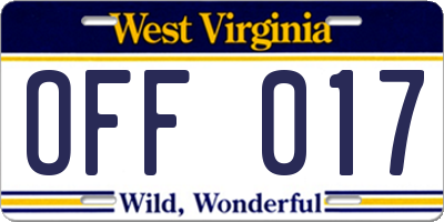 WV license plate OFF017