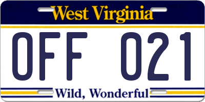 WV license plate OFF021