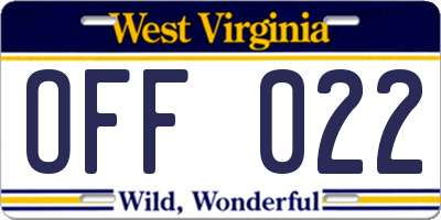 WV license plate OFF022