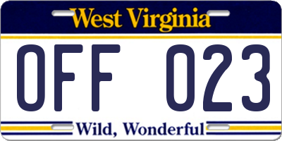 WV license plate OFF023