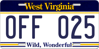 WV license plate OFF025