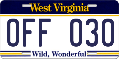 WV license plate OFF030