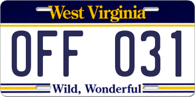 WV license plate OFF031