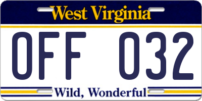 WV license plate OFF032
