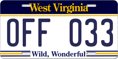 WV license plate OFF033
