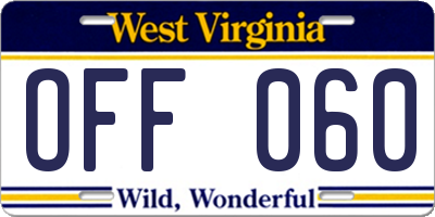 WV license plate OFF060