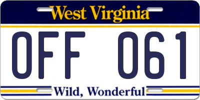 WV license plate OFF061