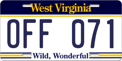 WV license plate OFF071