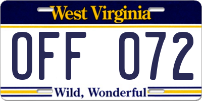 WV license plate OFF072