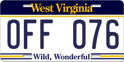 WV license plate OFF076