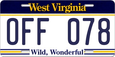 WV license plate OFF078
