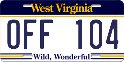 WV license plate OFF104
