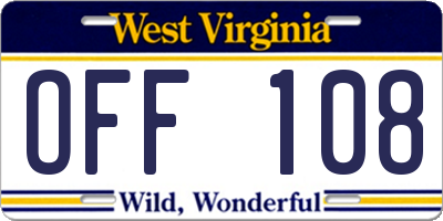 WV license plate OFF108