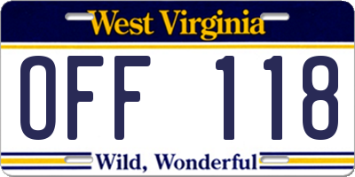 WV license plate OFF118