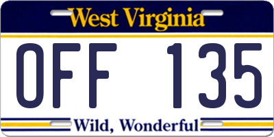 WV license plate OFF135