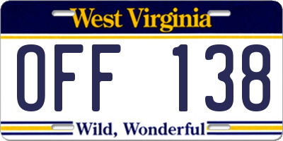 WV license plate OFF138