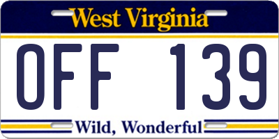 WV license plate OFF139