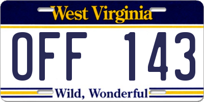 WV license plate OFF143