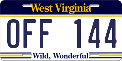 WV license plate OFF144