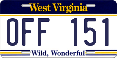 WV license plate OFF151