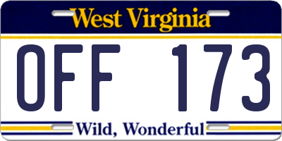 WV license plate OFF173