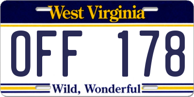 WV license plate OFF178